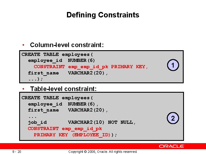 Defining Constraints • Column-level constraint: CREATE TABLE employees( employee_id NUMBER(6) CONSTRAINT emp_id_pk PRIMARY KEY,