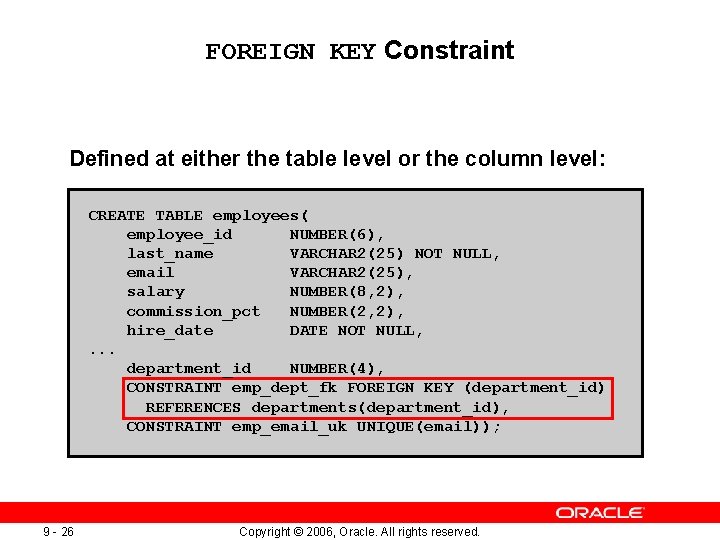 FOREIGN KEY Constraint Defined at either the table level or the column level: CREATE
