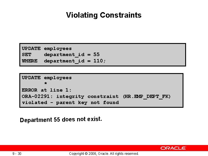 Violating Constraints UPDATE employees SET department_id = 55 WHERE department_id = 110; UPDATE employees