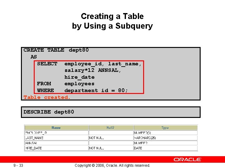 Creating a Table by Using a Subquery CREATE TABLE dept 80 AS SELECT employee_id,