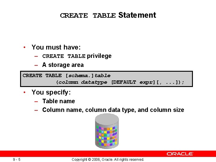 CREATE TABLE Statement • You must have: – CREATE TABLE privilege – A storage