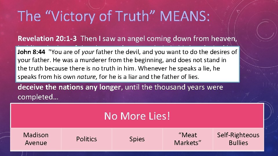 The “Victory of Truth” MEANS: Revelation 20: 1 -3 Then I saw an angel