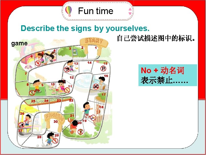 Fun time Describe the signs by yourselves. 自己尝试描述图中的标识。 No + 动名词 表示禁止…… 