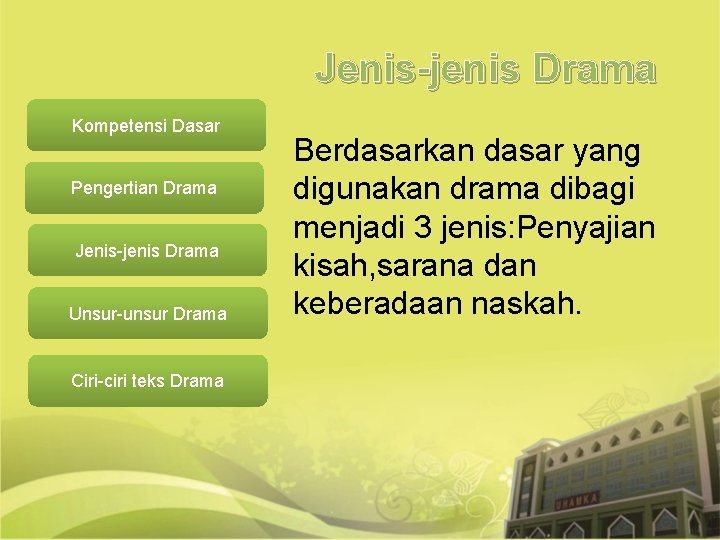 Jenis-jenis Drama Kompetensi Dasar Pengertian Drama Jenis-jenis Drama Unsur-unsur Drama Ciri-ciri teks Drama Berdasarkan