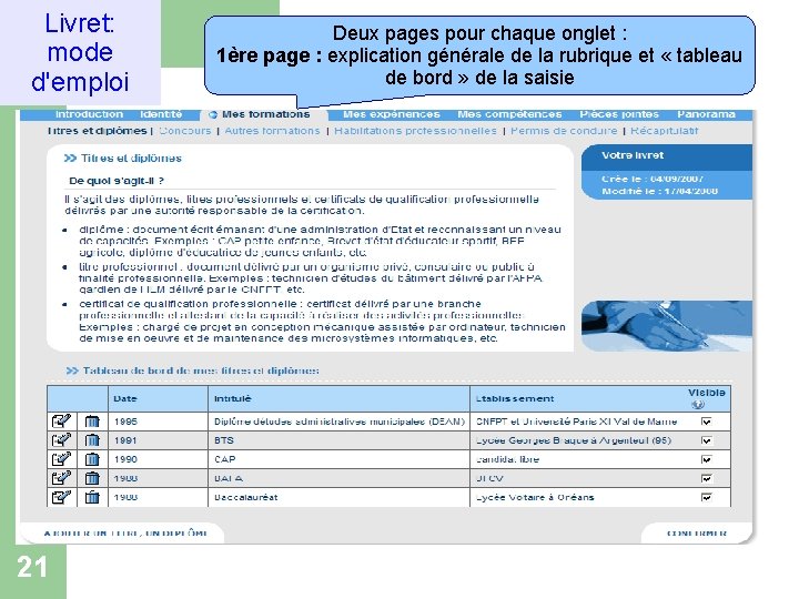 Livret: mode d'emploi 21 Deux pages pour chaque onglet : 1ère page : explication