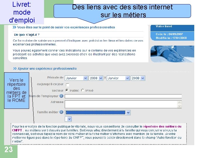 Livret: mode d'emploi Vers le répertoire des métiers de la FPT et le ROME