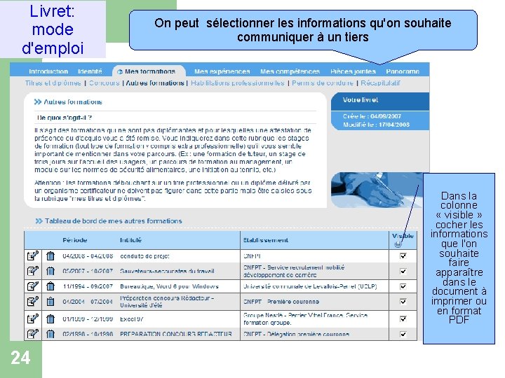 Livret: mode d'emploi On peut sélectionner les informations qu'on souhaite communiquer à un tiers
