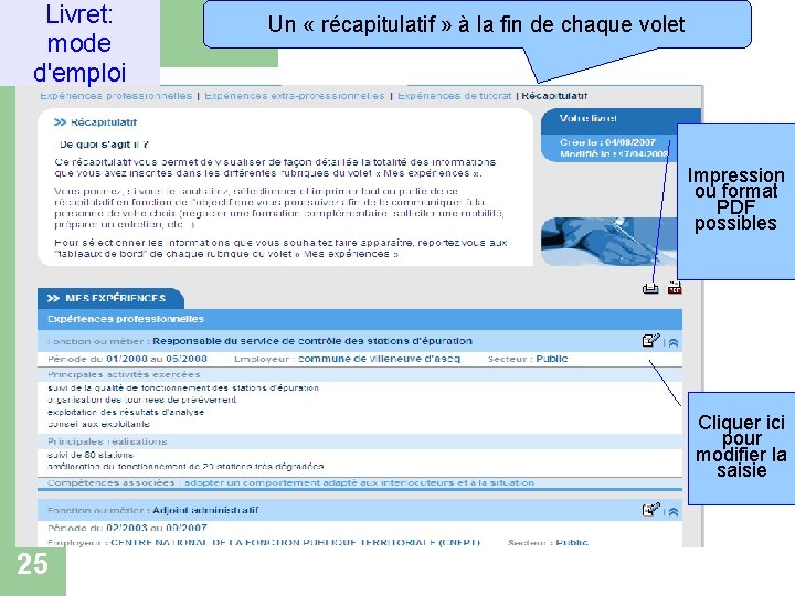 Livret: mode d'emploi Un « récapitulatif » à la fin de chaque volet Impression