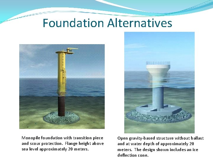 Foundation Alternatives Monopile foundation with transition piece and scour protection. Flange height above sea