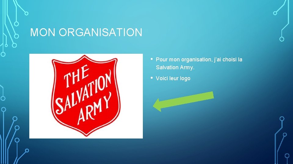 MON ORGANISATION • Pour mon organisation, j’ai choisi la Salvation Army. • Voici leur