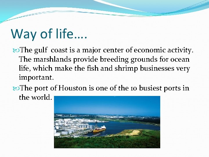 Way of life…. The gulf coast is a major center of economic activity. The