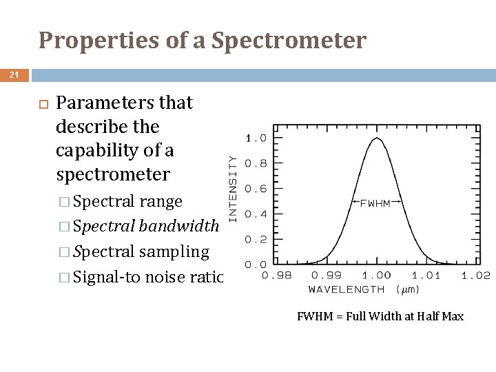 Properties of a Spectrometer 21 Parameters that describe the capability of a spectrometer �