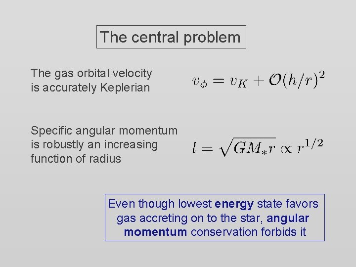 The central problem The gas orbital velocity is accurately Keplerian Specific angular momentum is