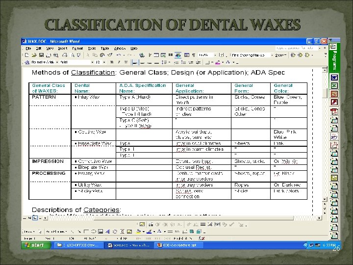 CLASSIFICATION OF DENTAL WAXES 26 