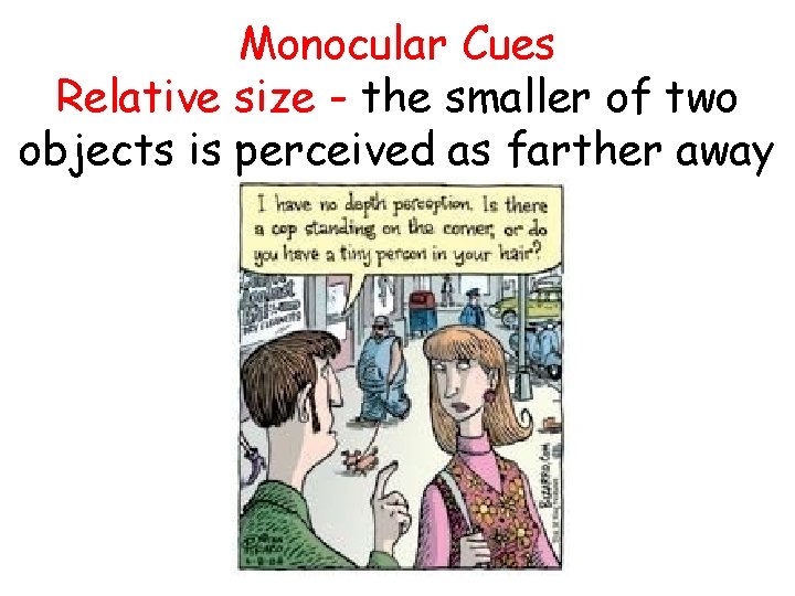 Monocular Cues Relative size - the smaller of two objects is perceived as farther