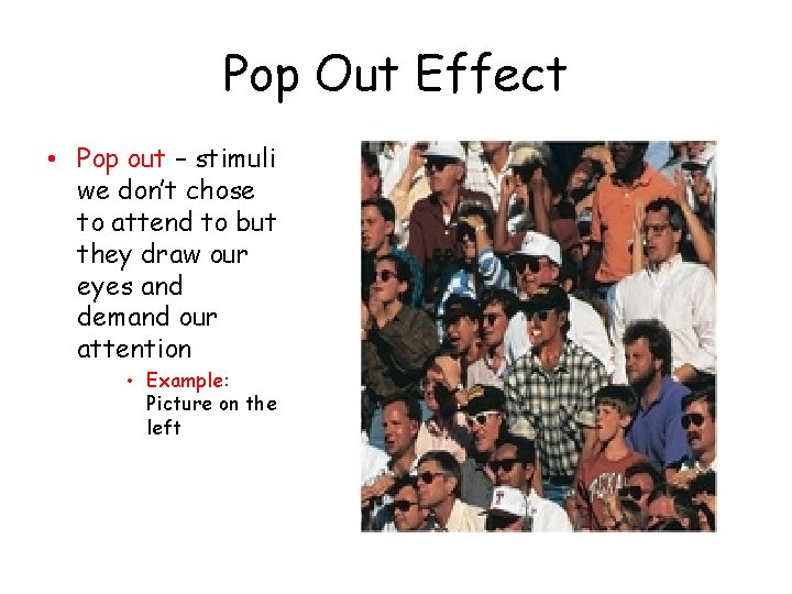 Pop Out Effect • Pop out – stimuli we don’t chose to attend to