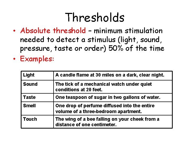 Thresholds • Absolute threshold – minimum stimulation needed to detect a stimulus (light, sound,