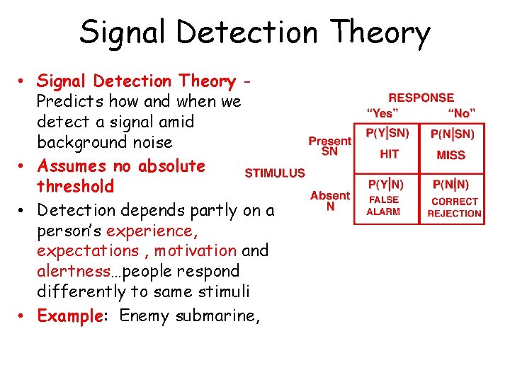 Signal Detection Theory • Signal Detection Theory Predicts how and when we detect a