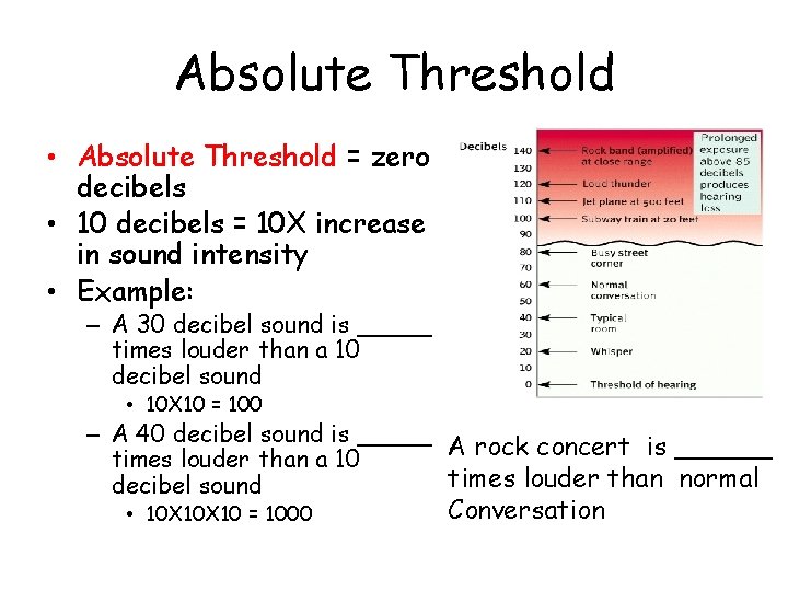 Absolute Threshold • Absolute Threshold = zero decibels • 10 decibels = 10 X