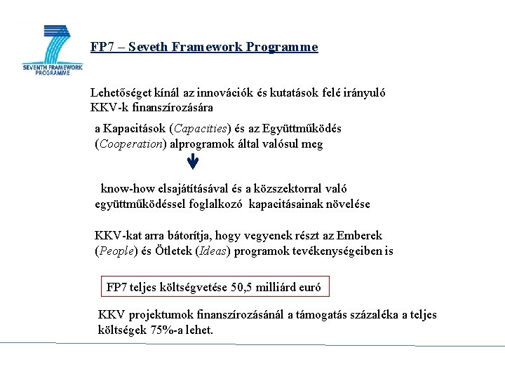 FP 7 – Seveth Framework Programme Lehetőséget kínál az innovációk és kutatások felé irányuló