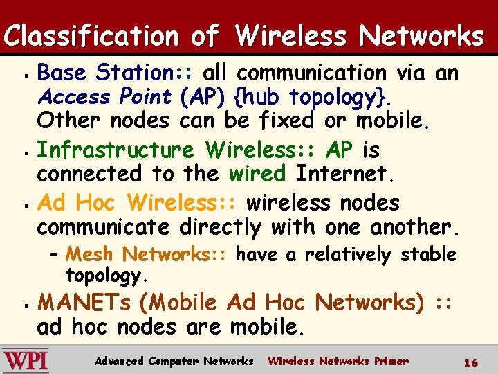 Classification of Wireless Networks Base Station: : all communication via an Access Point (AP) Classification of Wireless Networks Base Station: : all communication via an Access Point (AP)