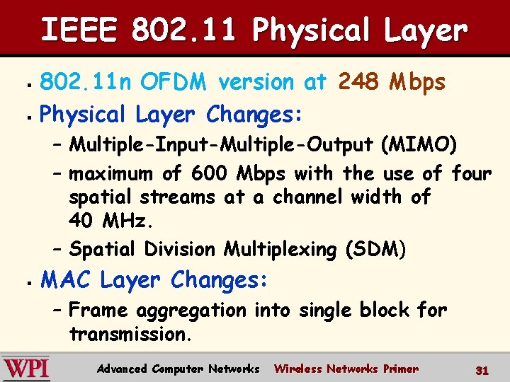 IEEE 802. 11 Physical Layer 802. 11 n OFDM version at 248 Mbps § IEEE 802. 11 Physical Layer 802. 11 n OFDM version at 248 Mbps §