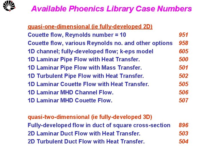 UNICAMP Available Phoenics Library Case Numbers quasi-one-dimensional (ie fully-developed 2 D) Couette flow, Reynolds