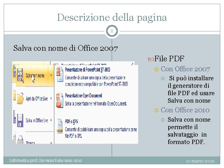 Descrizione della pagina 8 Salva con nome di Office 2007 File PDF Con Office