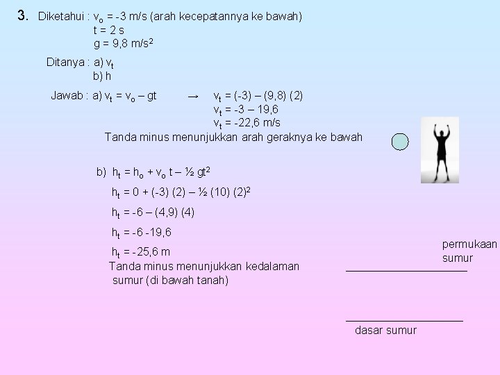 3. Diketahui : vo = -3 m/s (arah kecepatannya ke bawah) t=2 s g