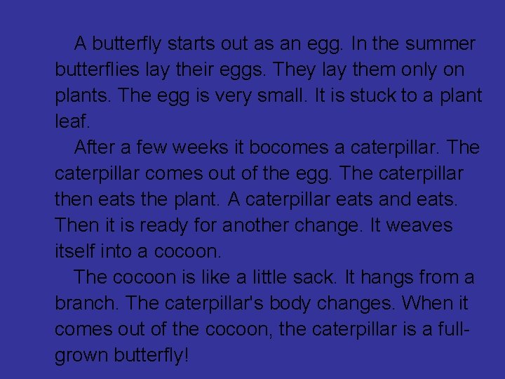 A butterfly starts out as an egg. In the summer butterflies lay their eggs.