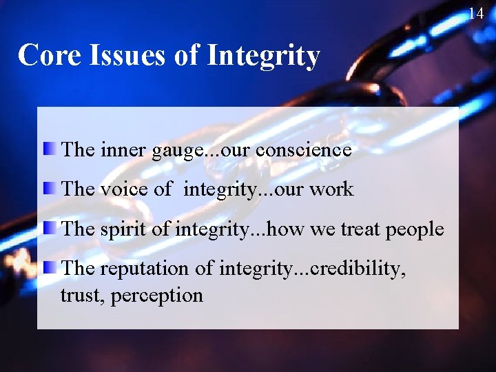 14 Core Issues of Integrity The inner gauge. . . our conscience The voice