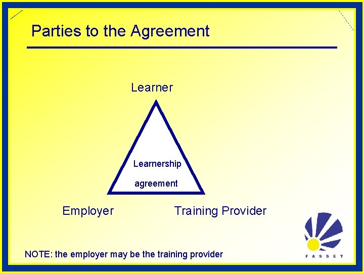 Parties to the Agreement Learnership agreement Employer Training Provider NOTE: the employer may be