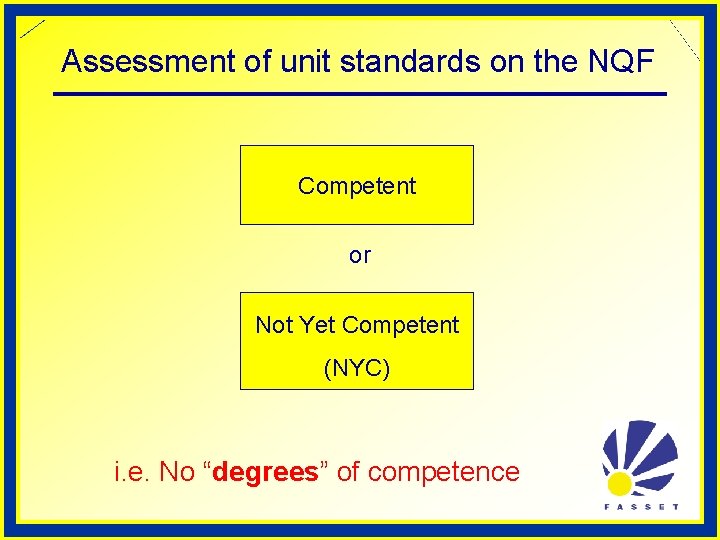 Assessment of unit standards on the NQF Competent or Not Yet Competent (NYC) i.