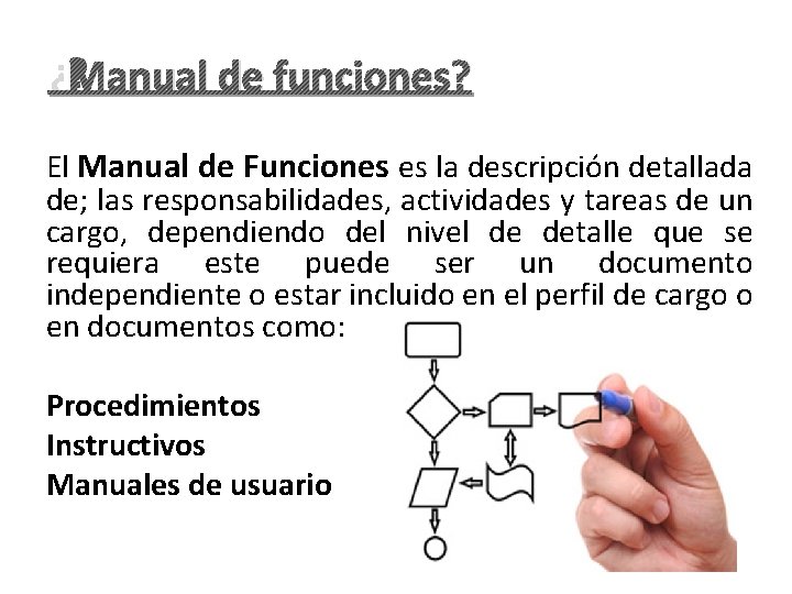 ¿Manual de funciones? El Manual de Funciones es la descripción detallada de; las responsabilidades,