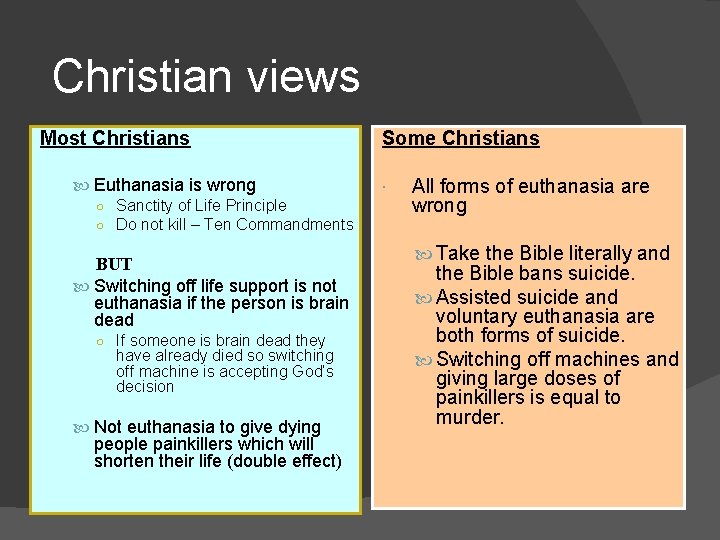 Christian views Most Christians Euthanasia is wrong ○ Sanctity of Life Principle ○ Do