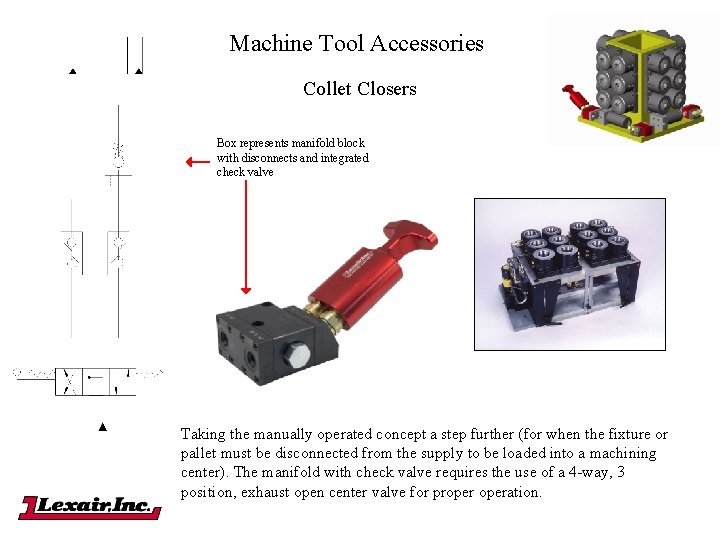 Machine Tool Accessories Collet Closers Box represents manifold block with disconnects and integrated check Machine Tool Accessories Collet Closers Box represents manifold block with disconnects and integrated check