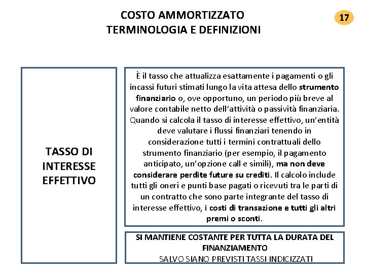 COSTO AMMORTIZZATO TERMINOLOGIA E DEFINIZIONI TASSO DI INTERESSE EFFETTIVO 17 È il tasso che COSTO AMMORTIZZATO TERMINOLOGIA E DEFINIZIONI TASSO DI INTERESSE EFFETTIVO 17 È il tasso che
