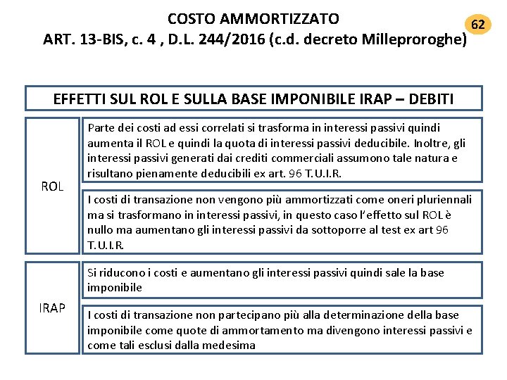 COSTO AMMORTIZZATO 62 ART. 13‐BIS, c. 4 , D. L. 244/2016 (c. d. decreto COSTO AMMORTIZZATO 62 ART. 13‐BIS, c. 4 , D. L. 244/2016 (c. d. decreto