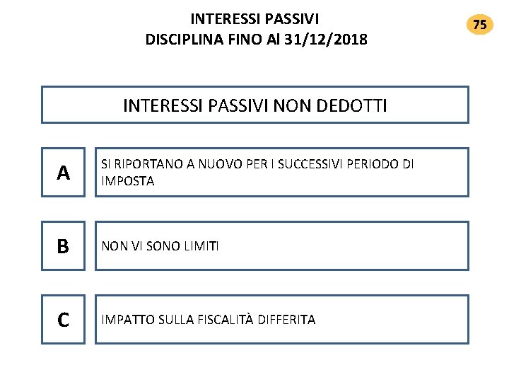 INTERESSI PASSIVI DISCIPLINA FINO Al 31/12/2018 INTERESSI PASSIVI NON DEDOTTI A SI RIPORTANO A INTERESSI PASSIVI DISCIPLINA FINO Al 31/12/2018 INTERESSI PASSIVI NON DEDOTTI A SI RIPORTANO A