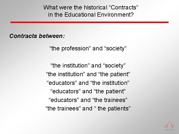 What were the historical “Contracts” in the Educational Environment? Contracts between: “the profession” and What were the historical “Contracts” in the Educational Environment? Contracts between: “the profession” and