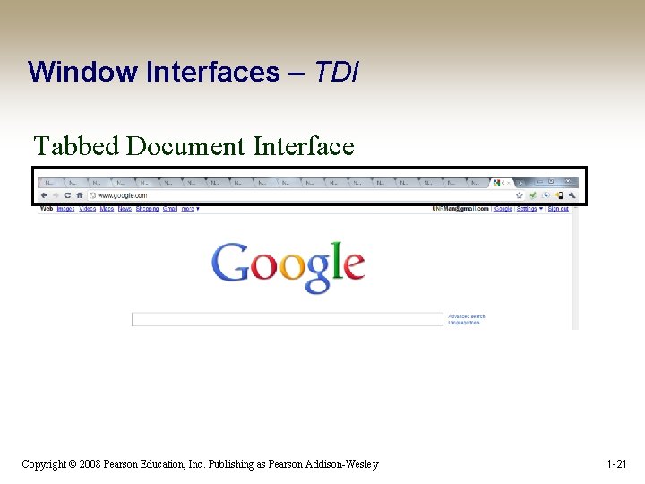 Window Interfaces – TDI Tabbed Document Interface Copyright © 2008 Pearson Education, Inc. Publishing