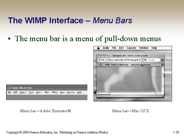 The WIMP Interface – Menu Bars • The menu bar is a menu of