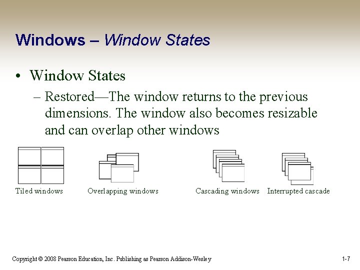 Windows – Window States • Window States – Restored—The window returns to the previous