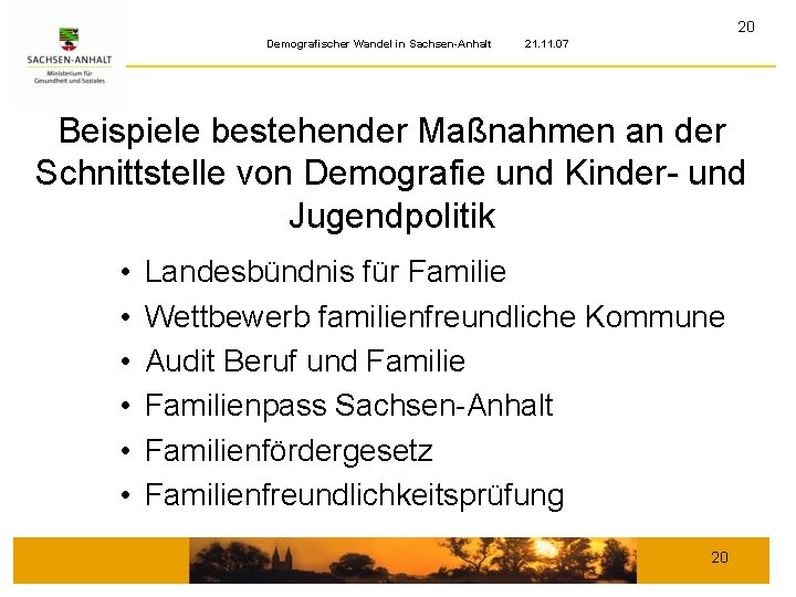 20 Demografischer Wandel in Sachsen-Anhalt 21. 11. 07 Beispiele bestehender Maßnahmen an der Schnittstelle