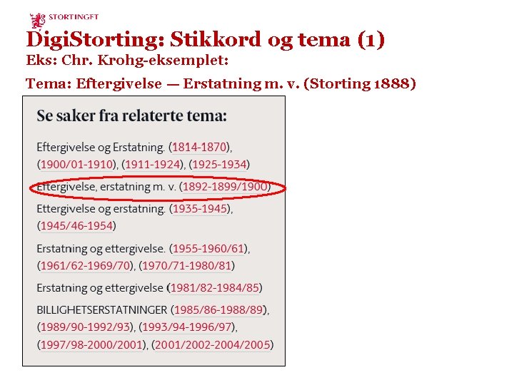 Digi. Storting: Stikkord og tema (1) Eks: Chr. Krohg-eksemplet: Tema: Eftergivelse — Erstatning m.