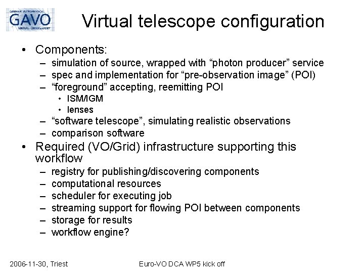 Virtual telescope configuration • Components: – simulation of source, wrapped with “photon producer” service