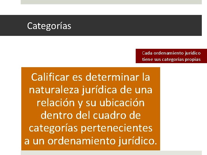 Categorías Cada ordenamiento jurídico tiene sus categorías propias Calificar es determinar la naturaleza jurídica