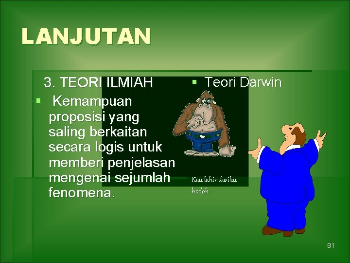 LANJUTAN 3. TEORI ILMIAH § Kemampuan proposisi yang saling berkaitan secara logis untuk memberi