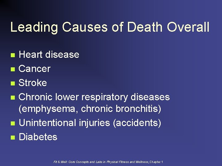 Leading Causes of Death Overall n n n Heart disease Cancer Stroke Chronic lower