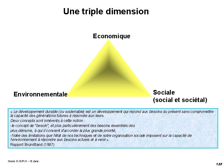 Une triple dimension Economique Environnementale Sociale (social et sociétal) « Le développement durable (ou